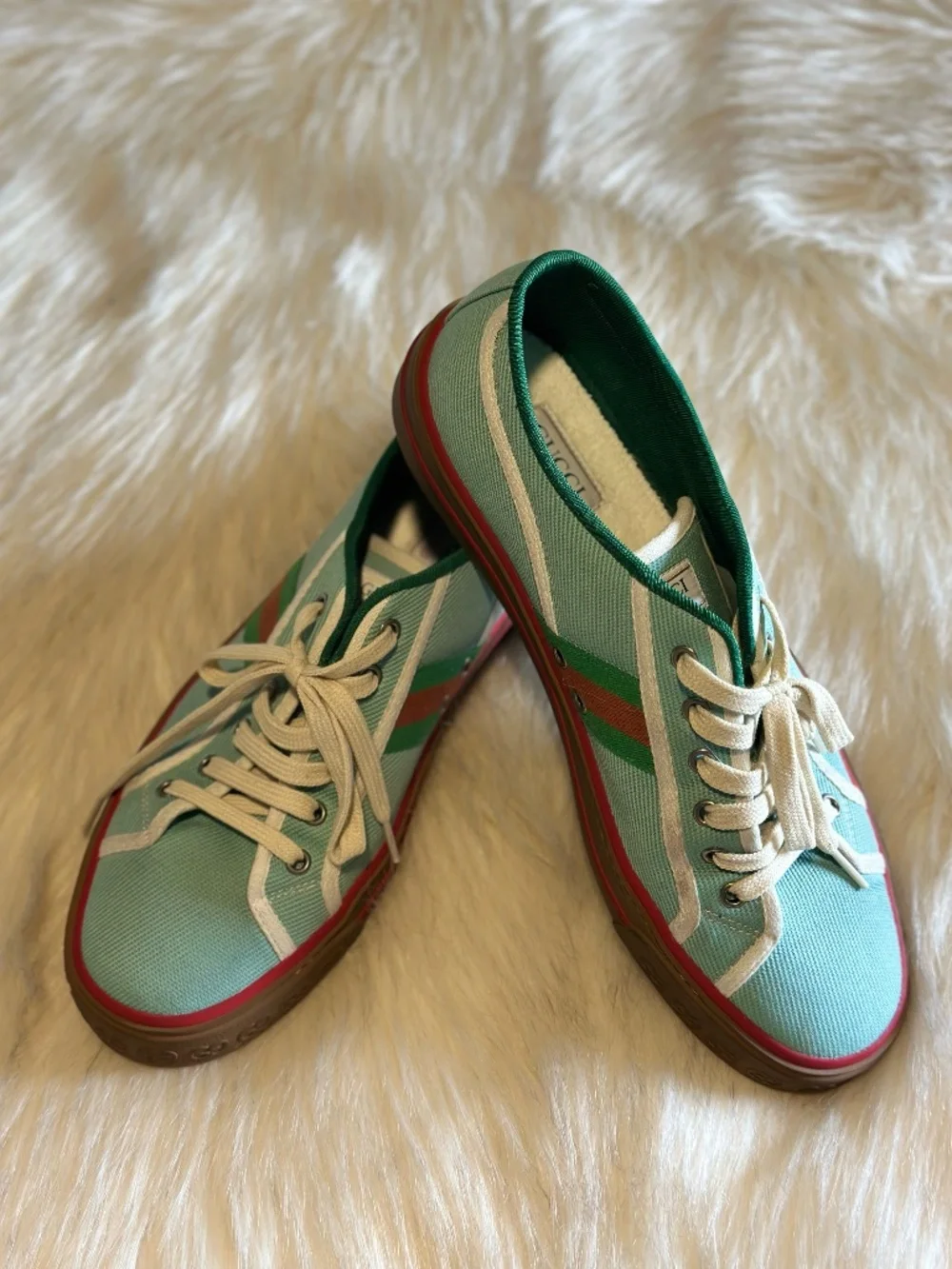 Gucci Tennis 1977 Mint Green Canvas Web Sneakers Size 10